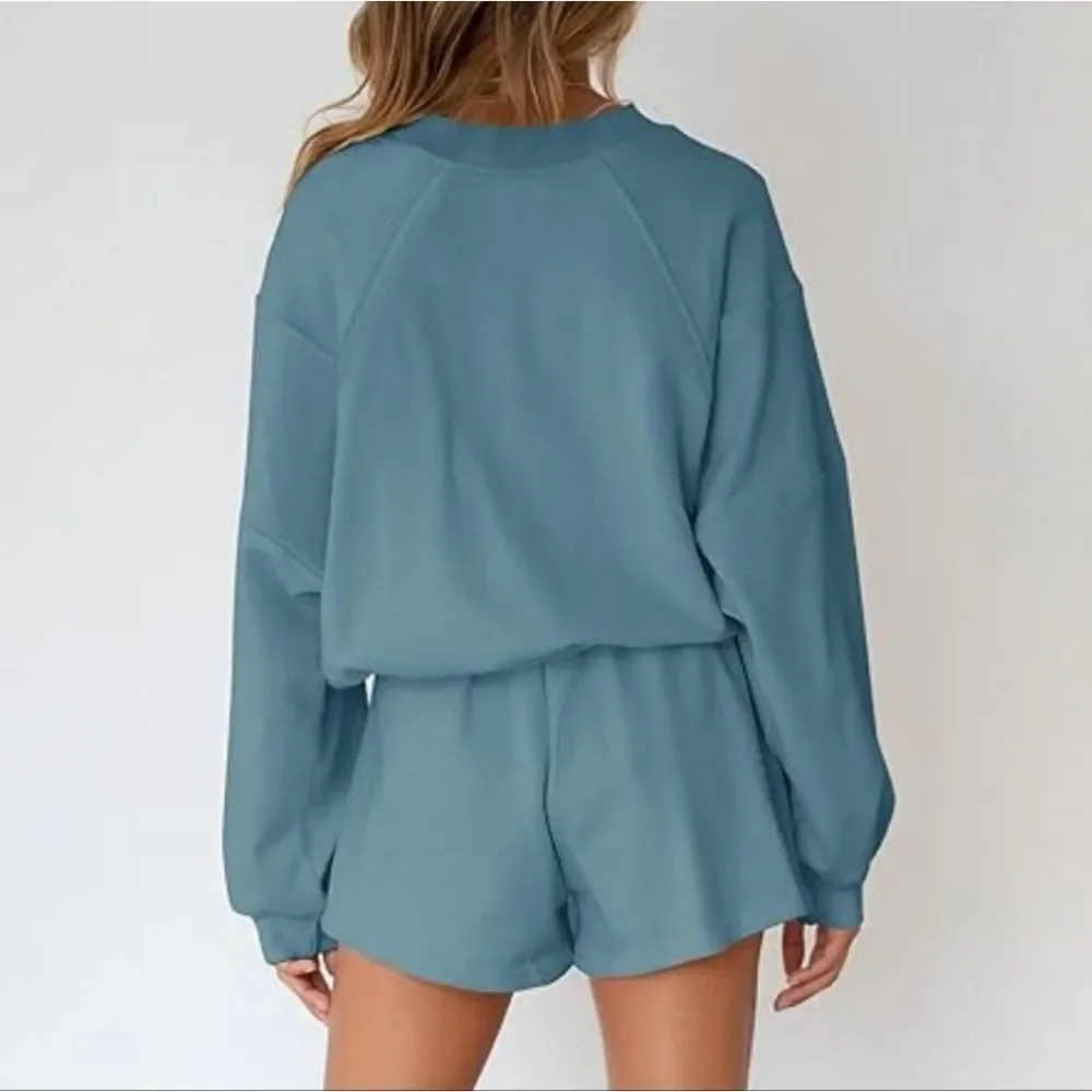 Merokeety Women's Teal Long Sleeve Pullover Top and Shorts Lounge 2-Piece Set